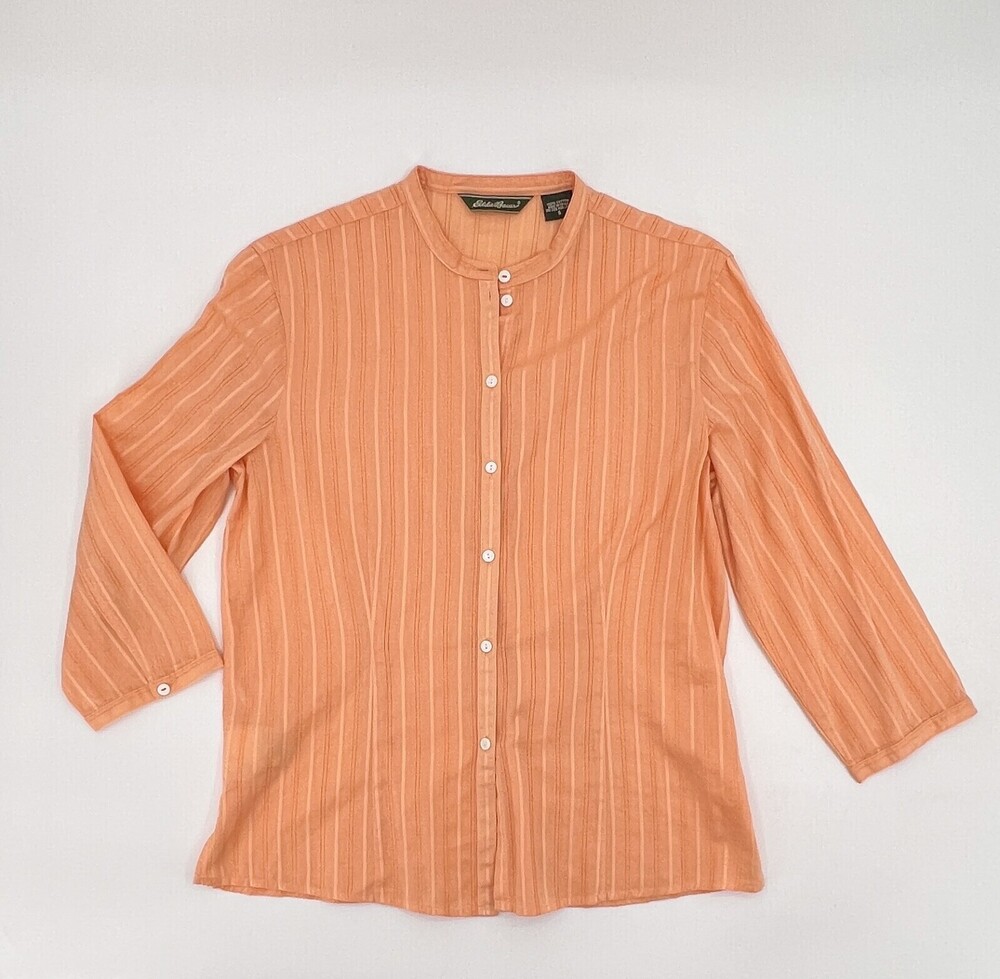 Eddie Bauer Shirt Womens Small Orange Striped Button Up Henley Long Sleeve